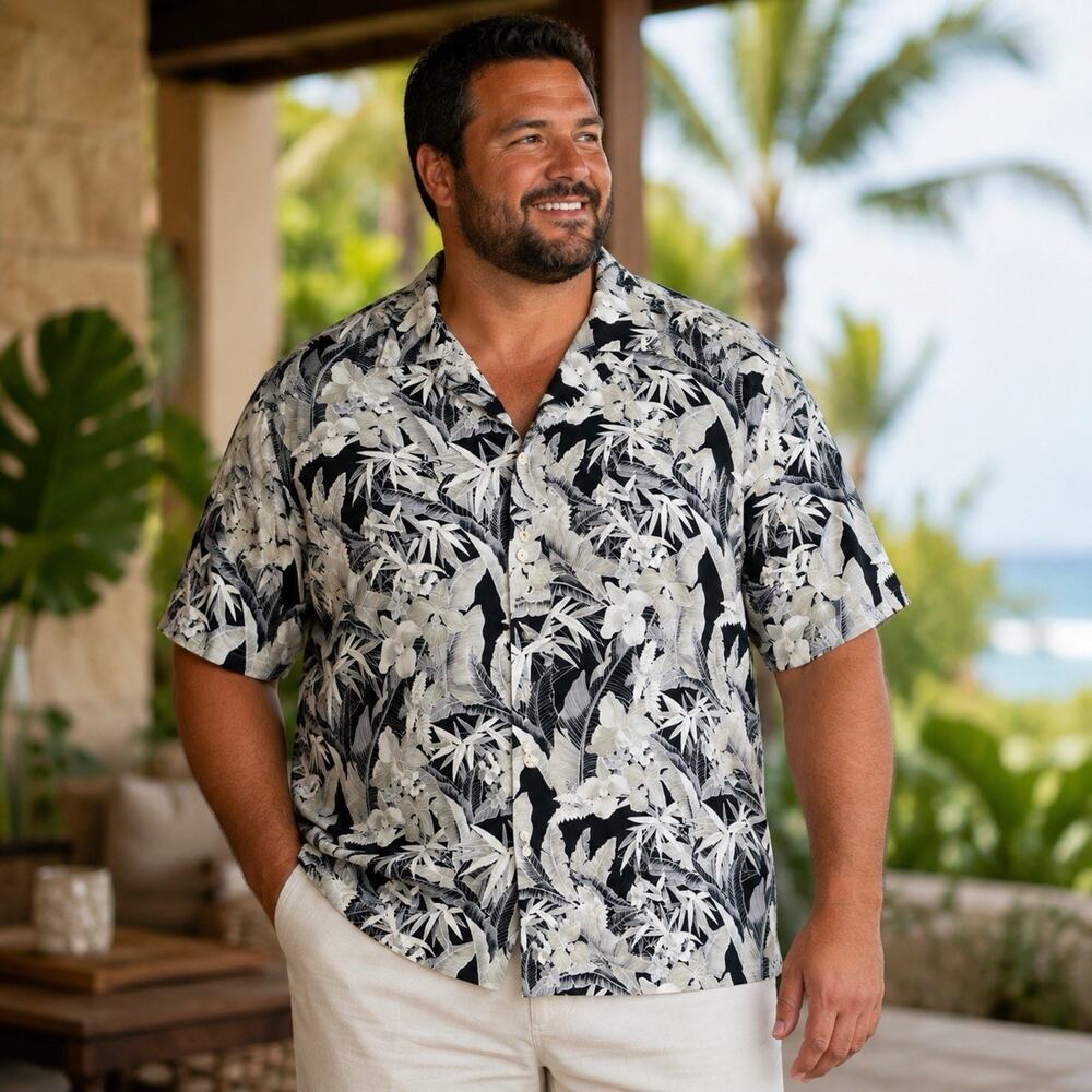 Tommy Bahama Mens XXL Silk Blend Hawaiian Shirt Black White Floral Original Fit